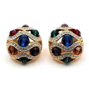 JOAN RIVERS‎ CRYSTAL RHINESTONE EARRINGS MULTI-COLORED CLIP ON GOLD TONE SIGNED